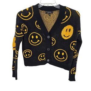 Witty Fox Black Yellow Happy Smiley Face Cardigan Sweater Cropped Y2K  Grunge S
